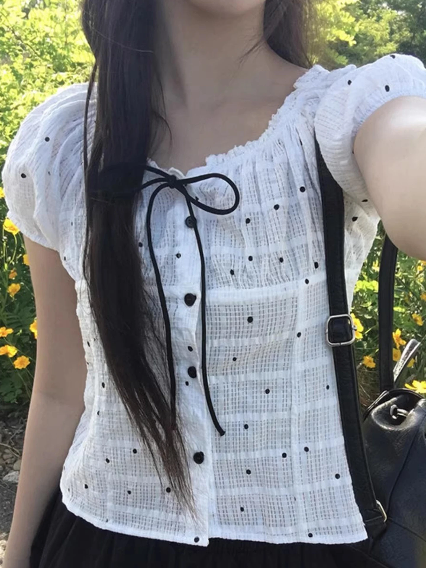 

Женская летняя блузка Liaoning Gentle Wave с рукавами-фонариками, укороченная, свободного кроя, в корейском стиле, для невысоких, с коротким рукавом