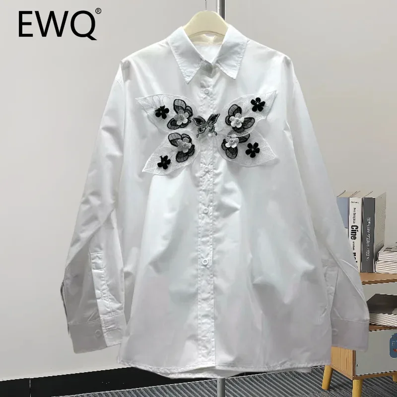 EWQ Simplicity Flower Patchwork Shirt For Women Versatile Lapel Collar Long Sleeve Single Breasted Tops Clothing 2024 New 27X379