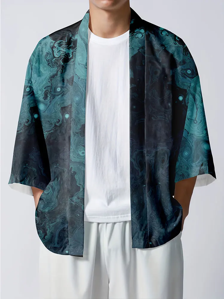 Pakaian Pria Cardigan Santai Liburan Luar Ruangan, Kimono Tradisional Jepang, Cardigan Pria Cetak 3D Motif Gelombang Kimono Tradisional