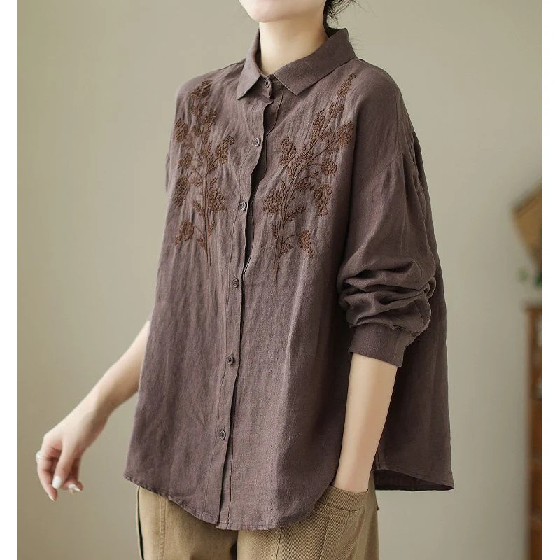 Vintage Embroidery Cotton Linen Loose Long Sleeve Solid Button Up Shirt 2023 Spring Autumn Simple Casual Tops Blouses for Women