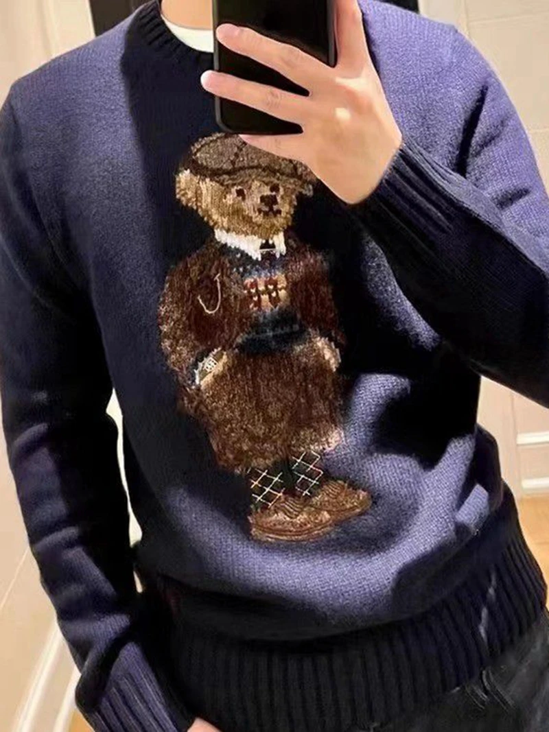 Blue sweater unisex autumn and winter new item, European bear pattern round neck long sleeved casual warm sportswear