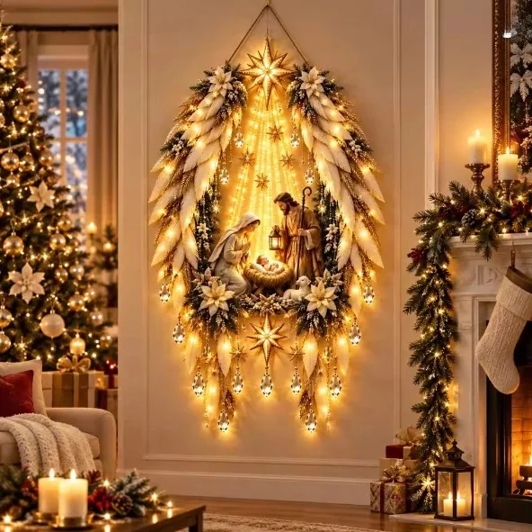 Bethlehem Star of Faith Lighted Nativity Wall Decor Glowing Christmas Decoration Hanging Ornament Lights for Indoor Illuminated