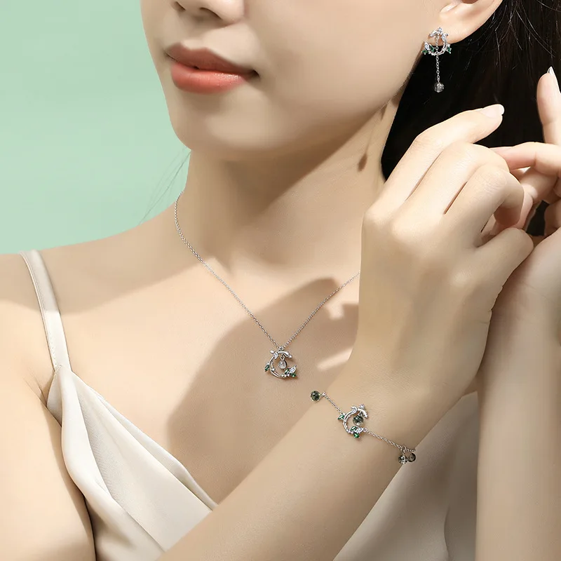 European Sparkling S925 Sterling silver Green AAA CZ Branch Jewelry Set Necklace Earrings Bracelet For Women Birthday Gift