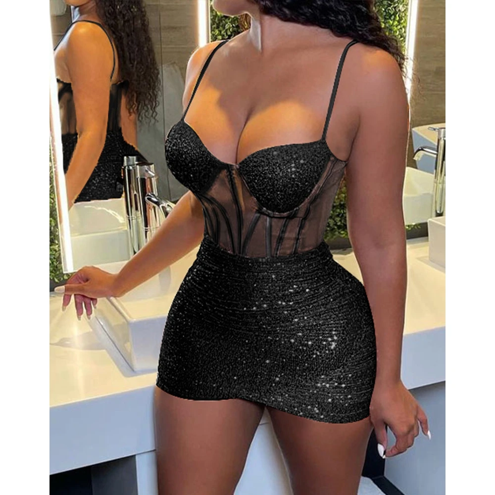 

Contrast Sheer Mesh Bodycon Sequin Spaghetti Strap Dress for Women Sim Fit Mini Dress