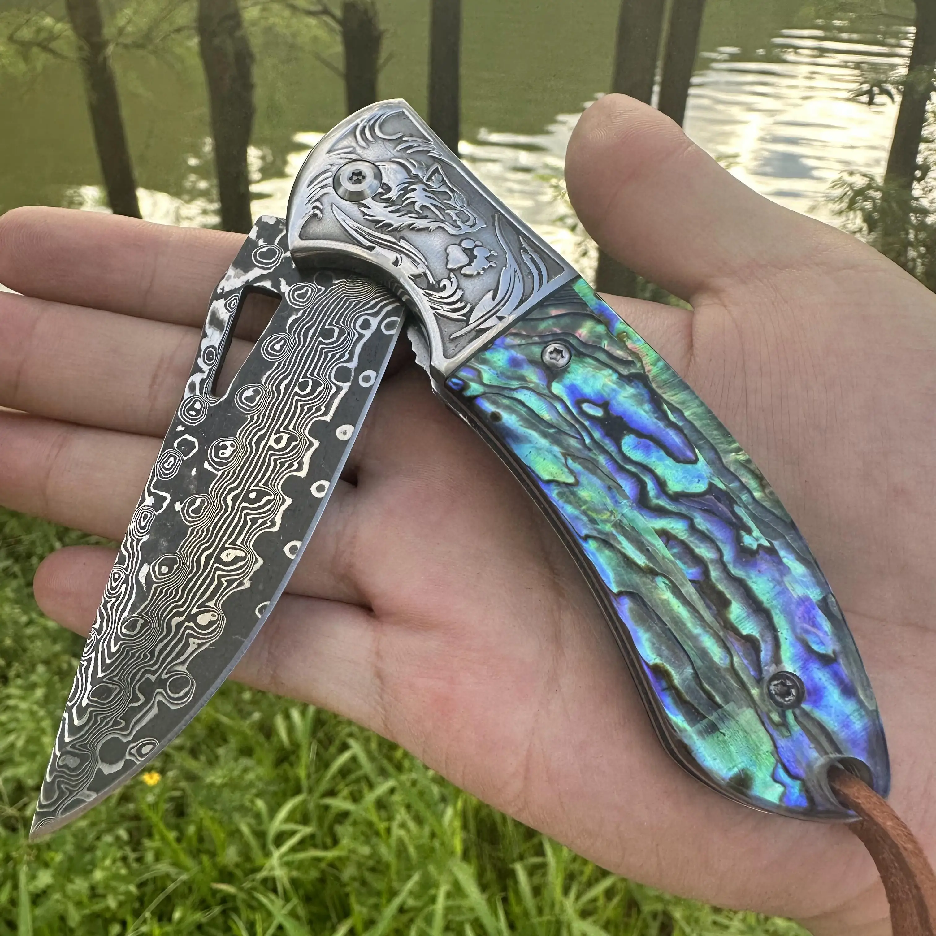 Steel Rose Handmade VG10 Damascus Folding Knife Abalone Shell Handle Ball Beaing Fast Opening Premium Quality Outdoor Men Gift