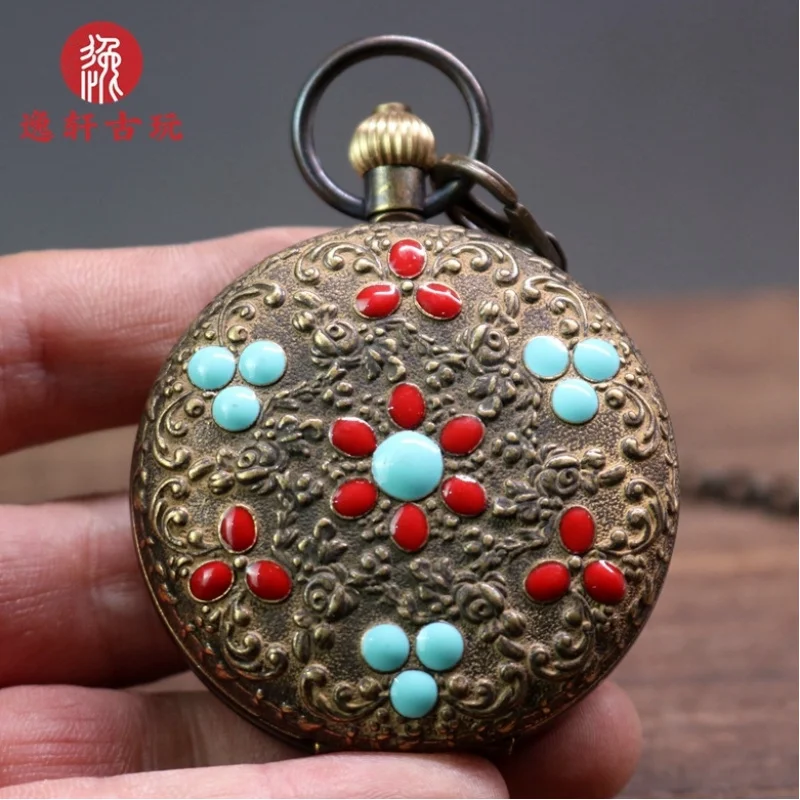 Vintage pure copper retro nostalgic men's and women's pocket with chain, double-opening flip cover mechanical watch, craft