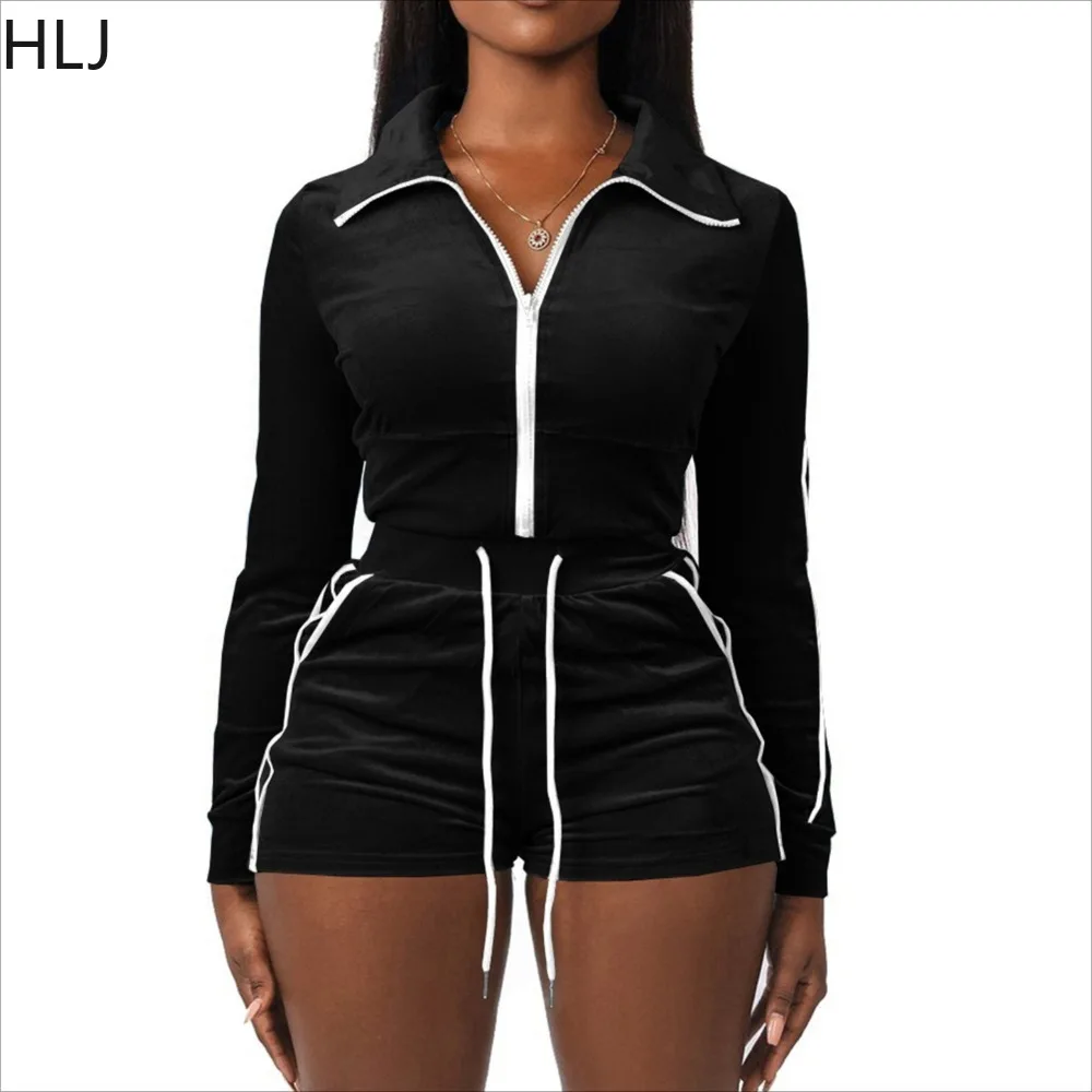 HLJ Fashion Velvet Stitching Drawstring Shorts Two Piece Sets Women V Neck Zip Long Sleeve Crop Top And Shorts Outfit Tracksuits