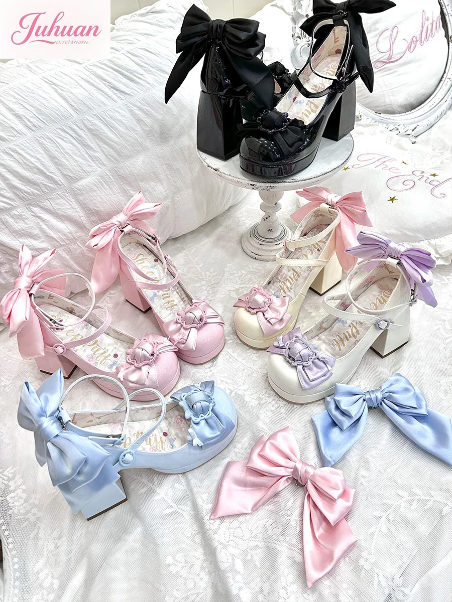 

Kawaii Japanese Cute Lolita Style Women's High-heeled Single Shoes Sweet Bow Upper Shoe Clip with Heart Shape Ribbon Decoration
