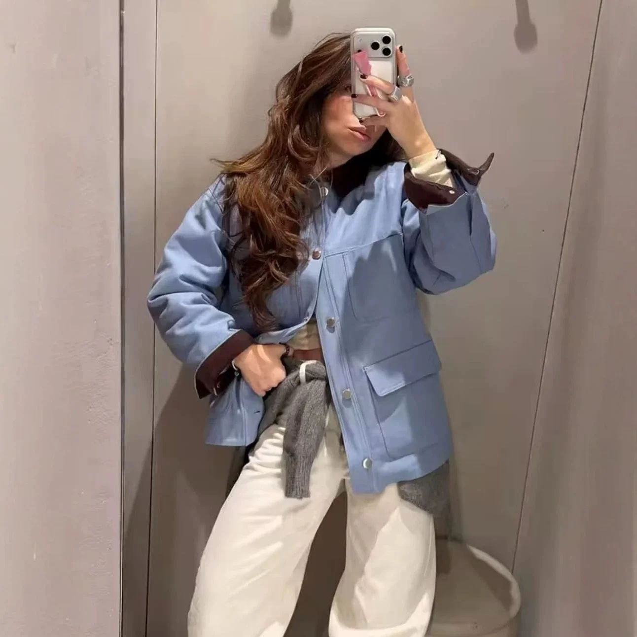 Fashionable Pocket Decorated Jacket Collar Splicing Cross-Border Women's Short Outerwear Pure Color Universal Summer Coat