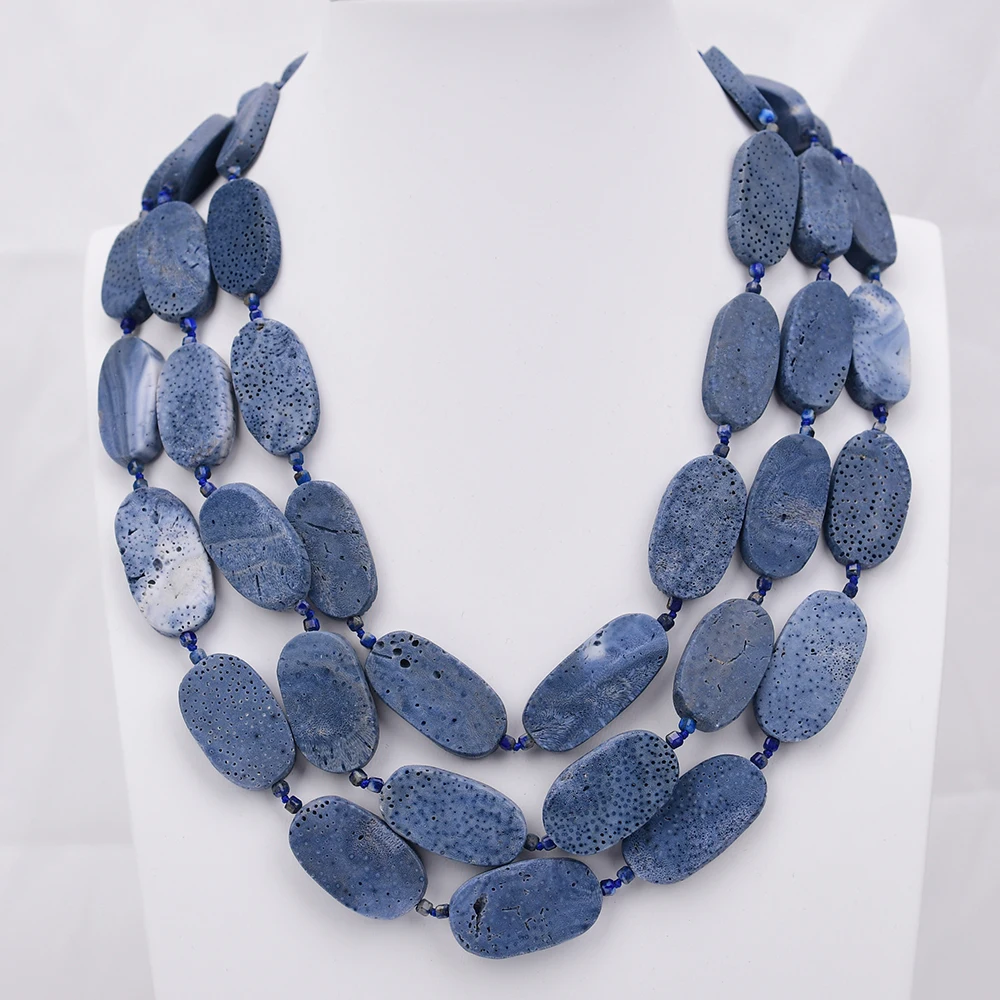 G-G 3 Rows Large Natural Blue Coral Oval Slice Nugget Necklace Cz Flower Connector Clasp