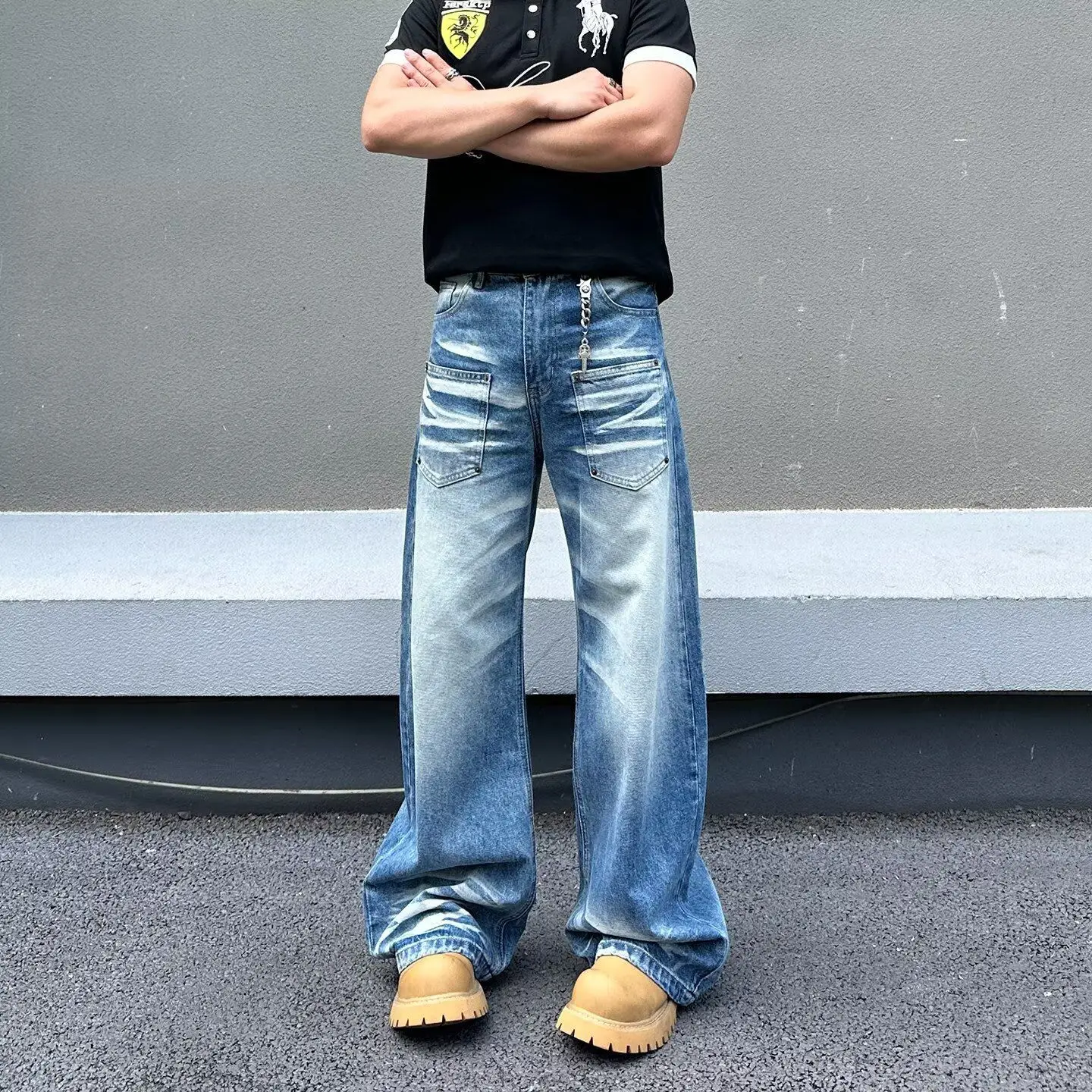 Men's Multi-pocket Design Blue Jeans Casual Pants Wide Legs Street Sweatpants Cool Boys Spring Bottom Male High Waist Trousers