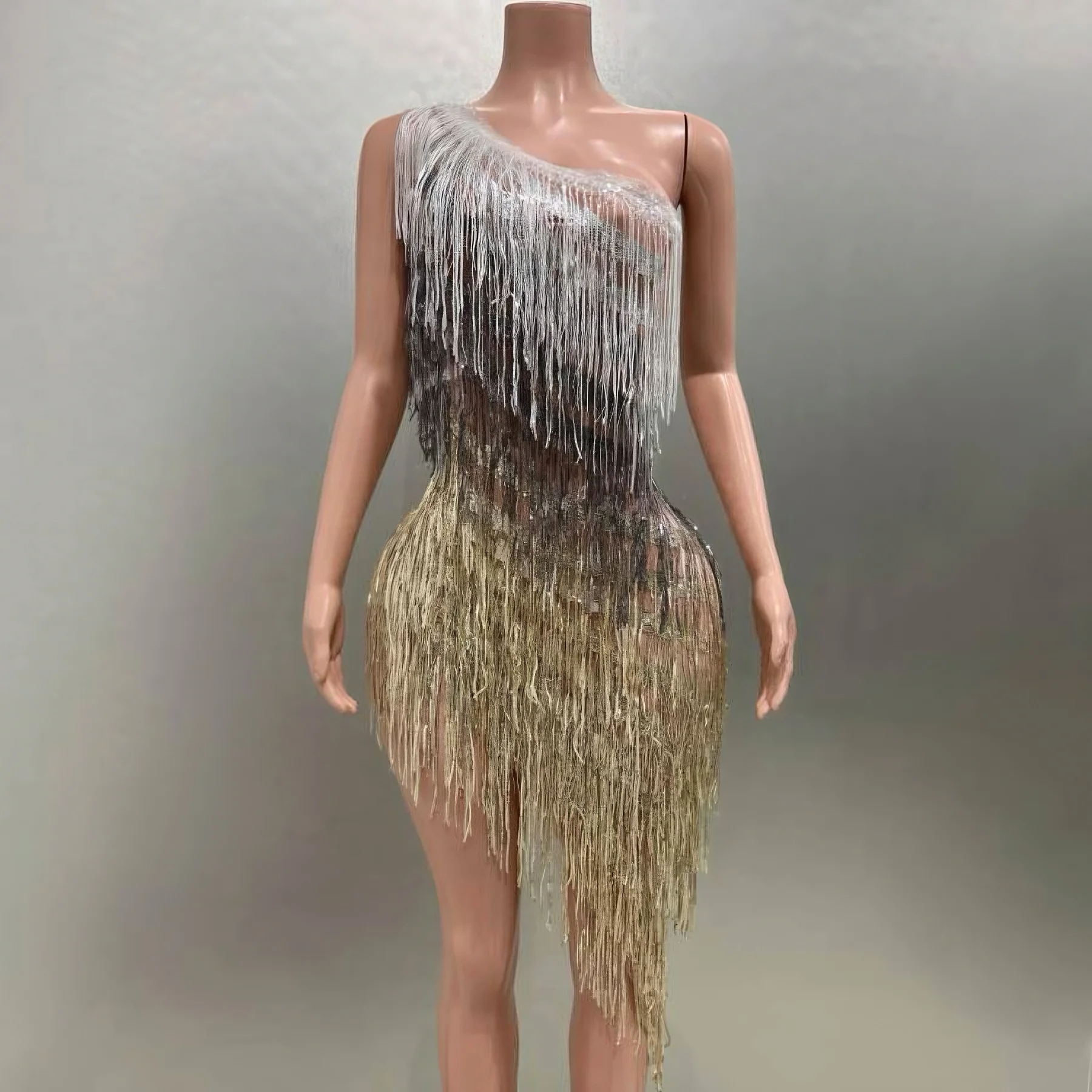 Gradient Color Sparkly Tassels Sexy One-Shoulder Sheath Mini Dress Evening Party Performance Costume Nightclub Singer Stage Wear