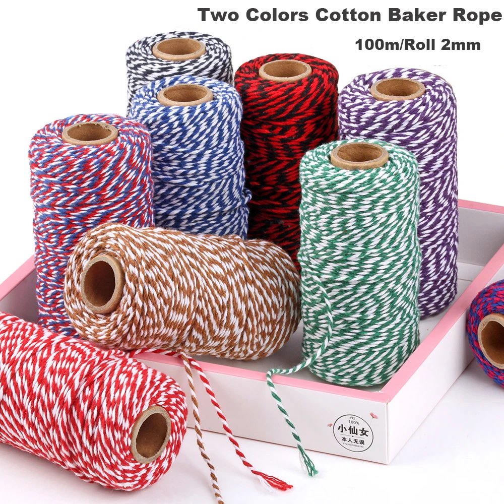 100M 2mm Cotton Baker Macrame Rope Cord Colorful Cotton Crafts Twine Home Textile Gift Wrapping Christmas Wedding Decoration