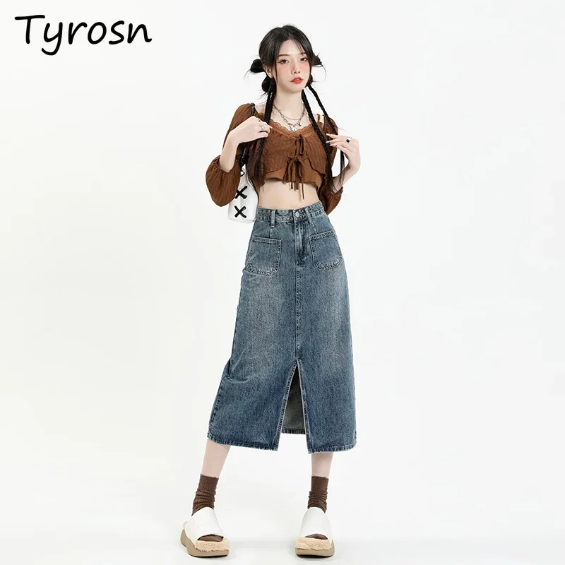 

Denim Skirts Women Slit American Trendy Distressed Retro Summer High Waist Hot Girl A-line Anti-exposure Wrap Hip Temperament