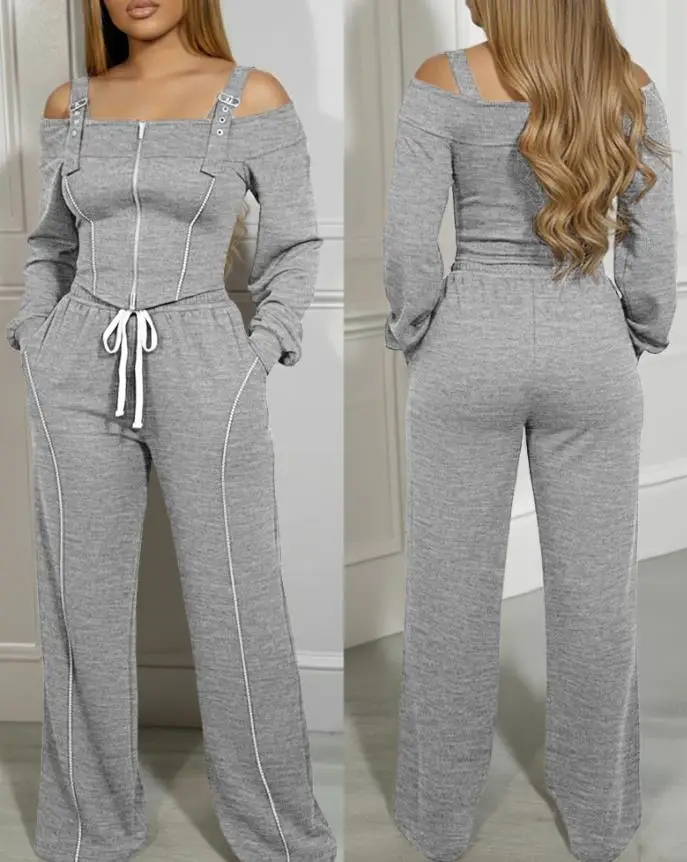 ツーピースセット レディース服 2025年春新作 無地 長袖 コールドショルダー トップス＆ドローストリングウエストパンツセット ポケット付き