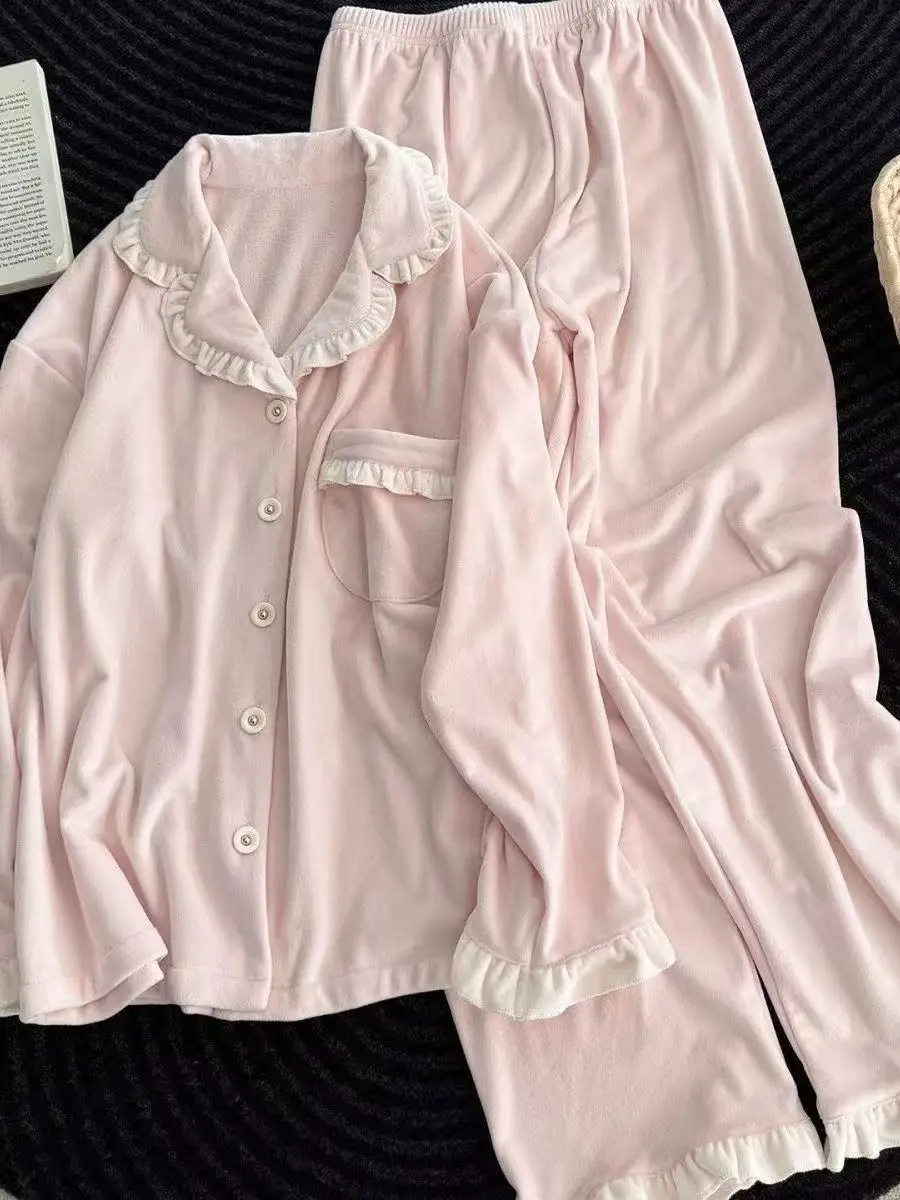 

Sweet Pink Oversize Cardigan Spwear Women's Autumn Winter Korean Sle Home Clothes Set Long Sve Long Pants Youth