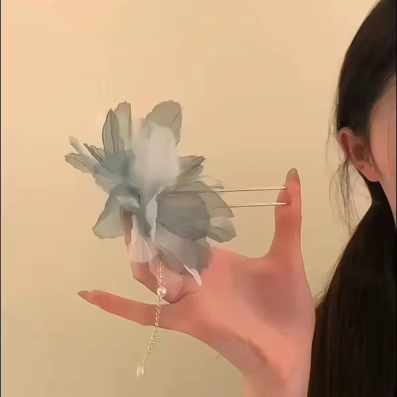 

Chiffon Floral Beaded Hairpin with Elegant Tassel U-Shaped Hairpin New Chinese-Style Sophisticated Updo Hairpin Hair Accessory