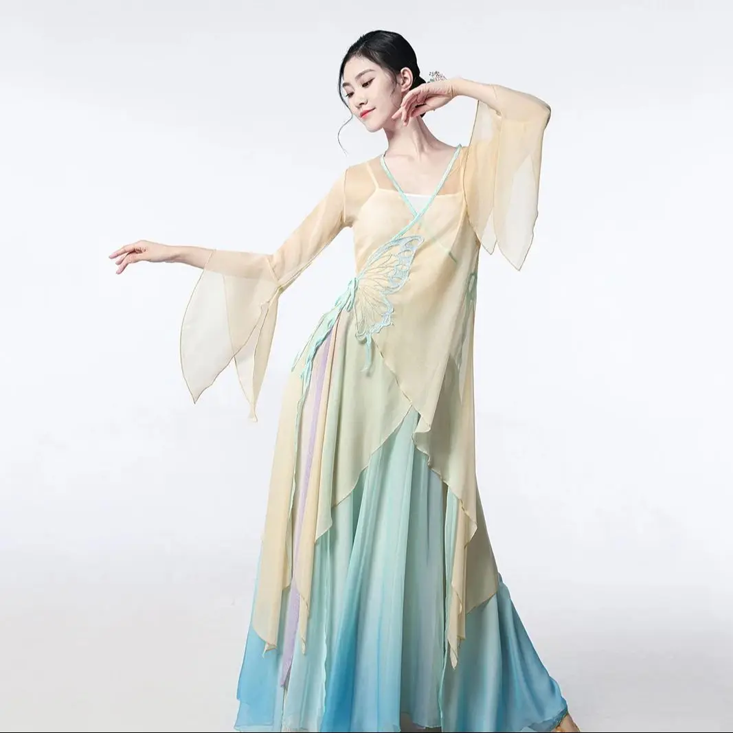 

Классический танцевальный костюм, шифоновое платье с градиентом бабочки, этический изящный танцевальный костюм, женский комплект из 3 предметов, новый