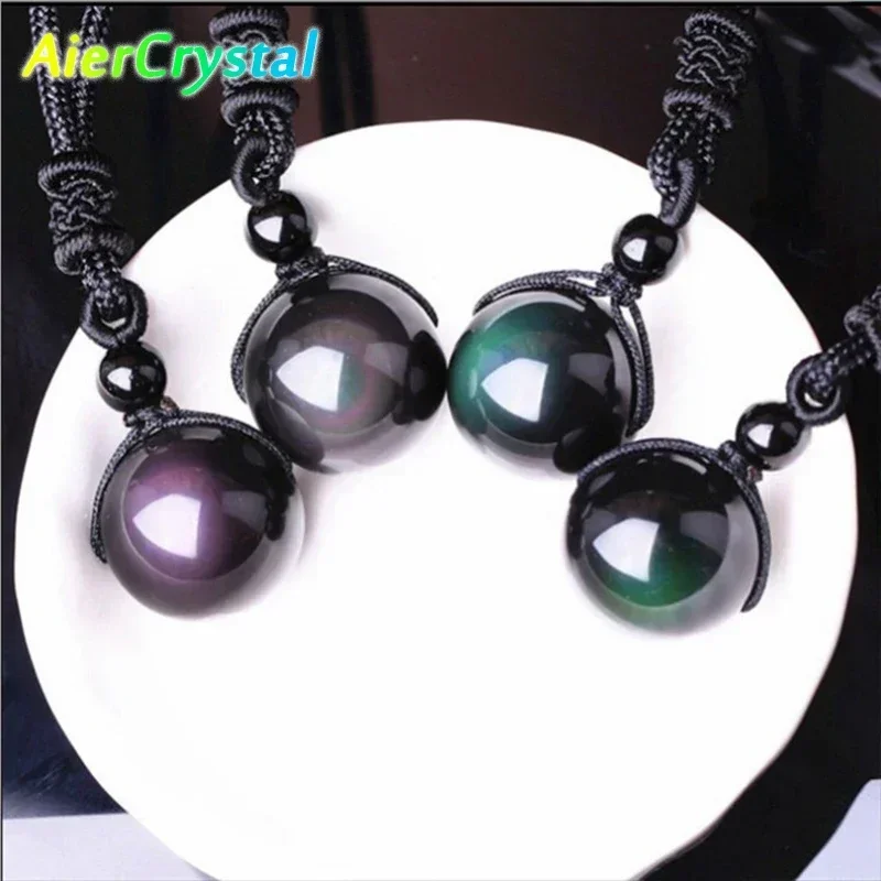 Natural Crystal Rainbow Eye Polished Obsidian Ball Pendant Necklace Rope ChainJewelry Stone Decorative Chakra Home Decoration