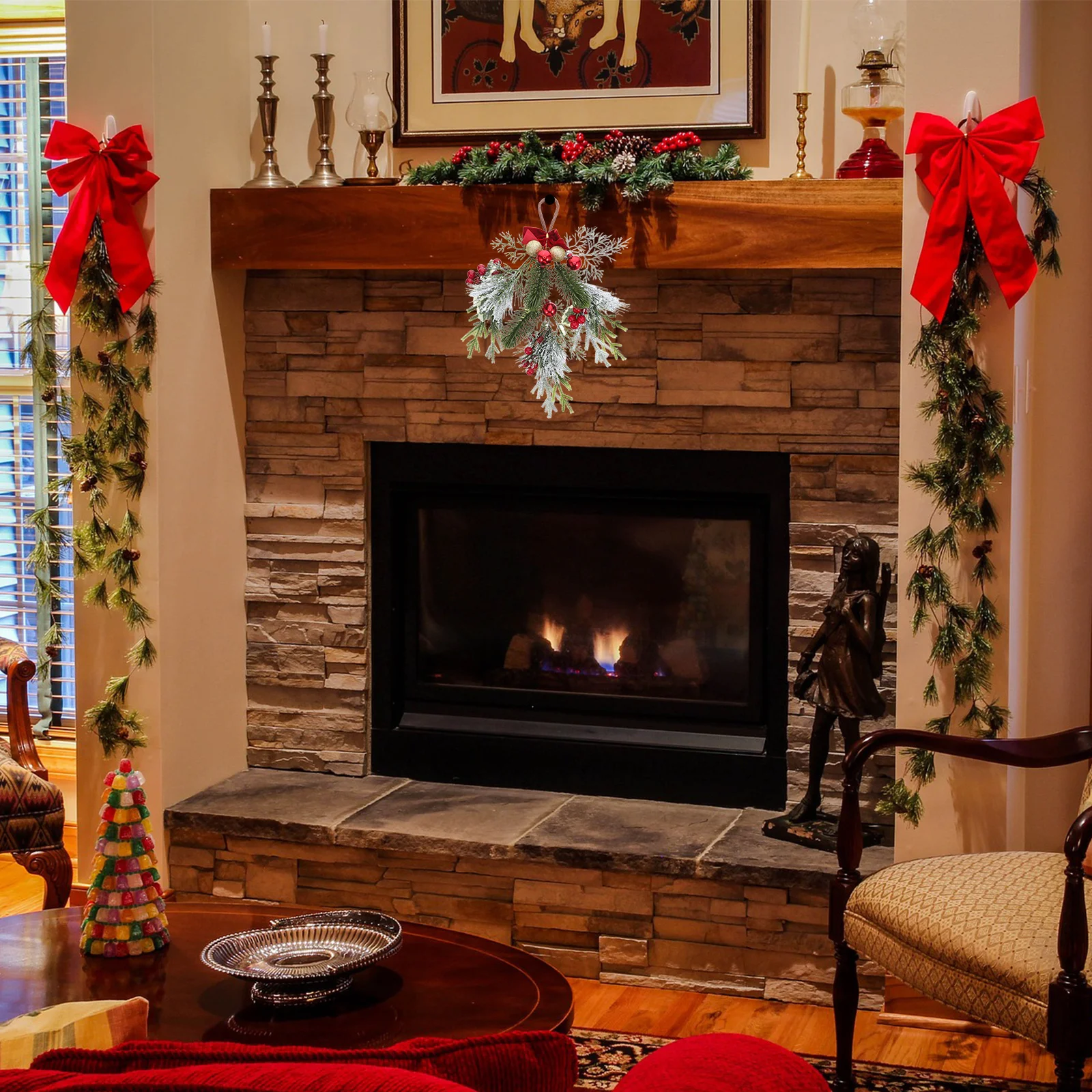 

Christmas Teardrop Swag Artificial Red Berries Gold Ornaments Winter Door Hanging Wreath Front Door Indoor Outdoor Holiday Decor