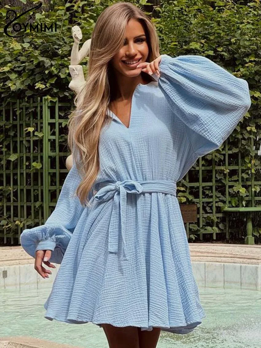 

Oymimi Casual Blue Cotton Dresses 2024 Women Fashion V-Neck Long Sleeve Lace-Up Dresses Elegant Pleated Mini Dresses Streetwear