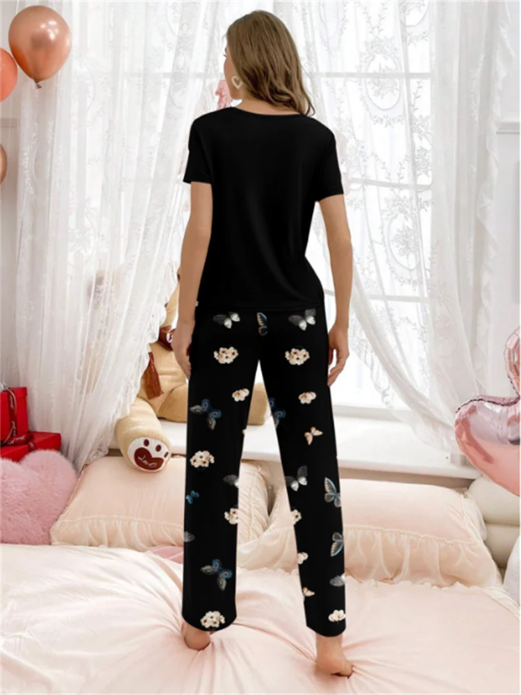 Black butterfly English letter print pajamas set short-sleeved round-neck top and elastic trousers women\'s pajamas home wear