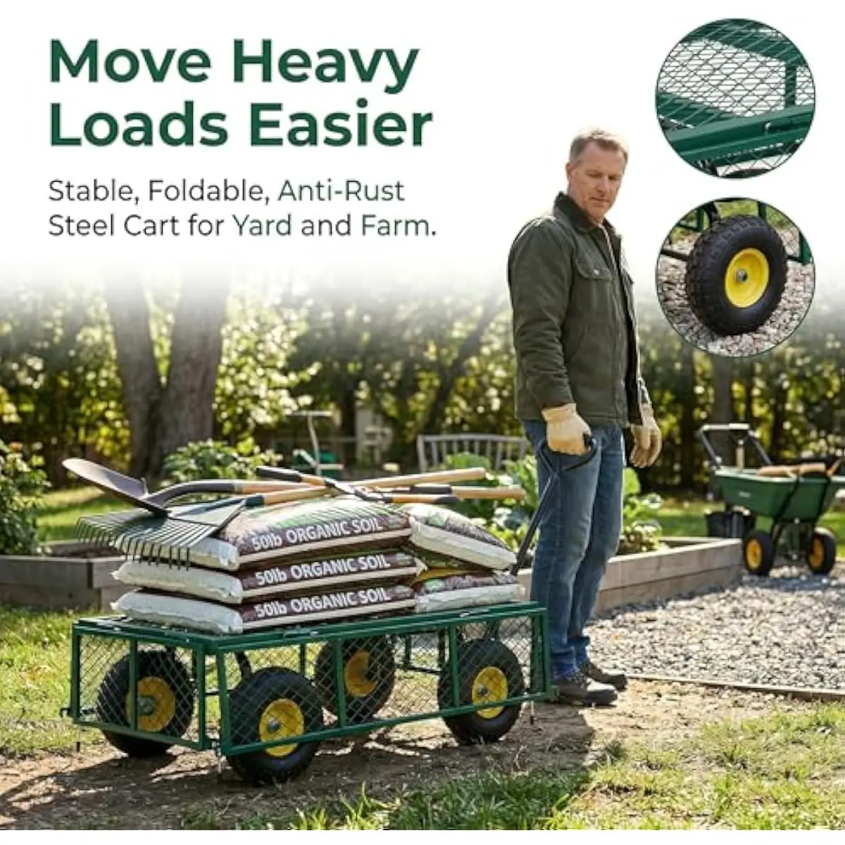 Heavy-Duty Folding Utility Wagon with 10-Inch Flat-Free Wheels, 1000-Lb Steel Mesh Platform, Rotatable Handle, Removable Sides,