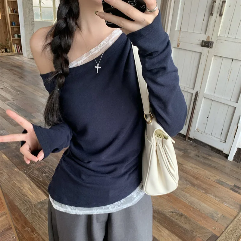 Lace Splice Korean Fashion T-shirts Women Kpop Autumn Long Sleeve Tops Winter Sexy Slim Y2K Harajuku Tees Cheap Clothes Woman