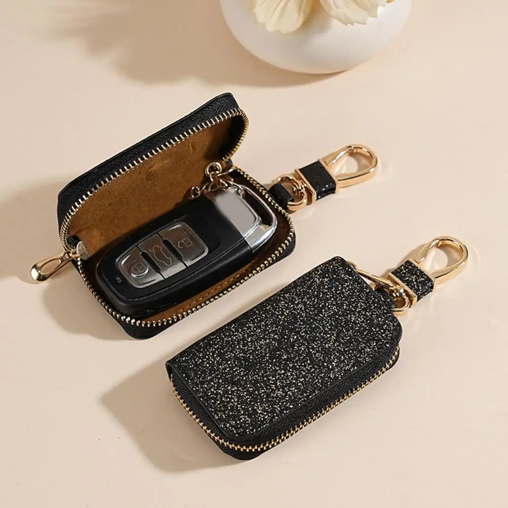 Faux Leather Car Key Case Mini Portable Glitter Men Women Car Key Bag Keychain Remote Key Fob Holder Zipper Bag Protector Pouch