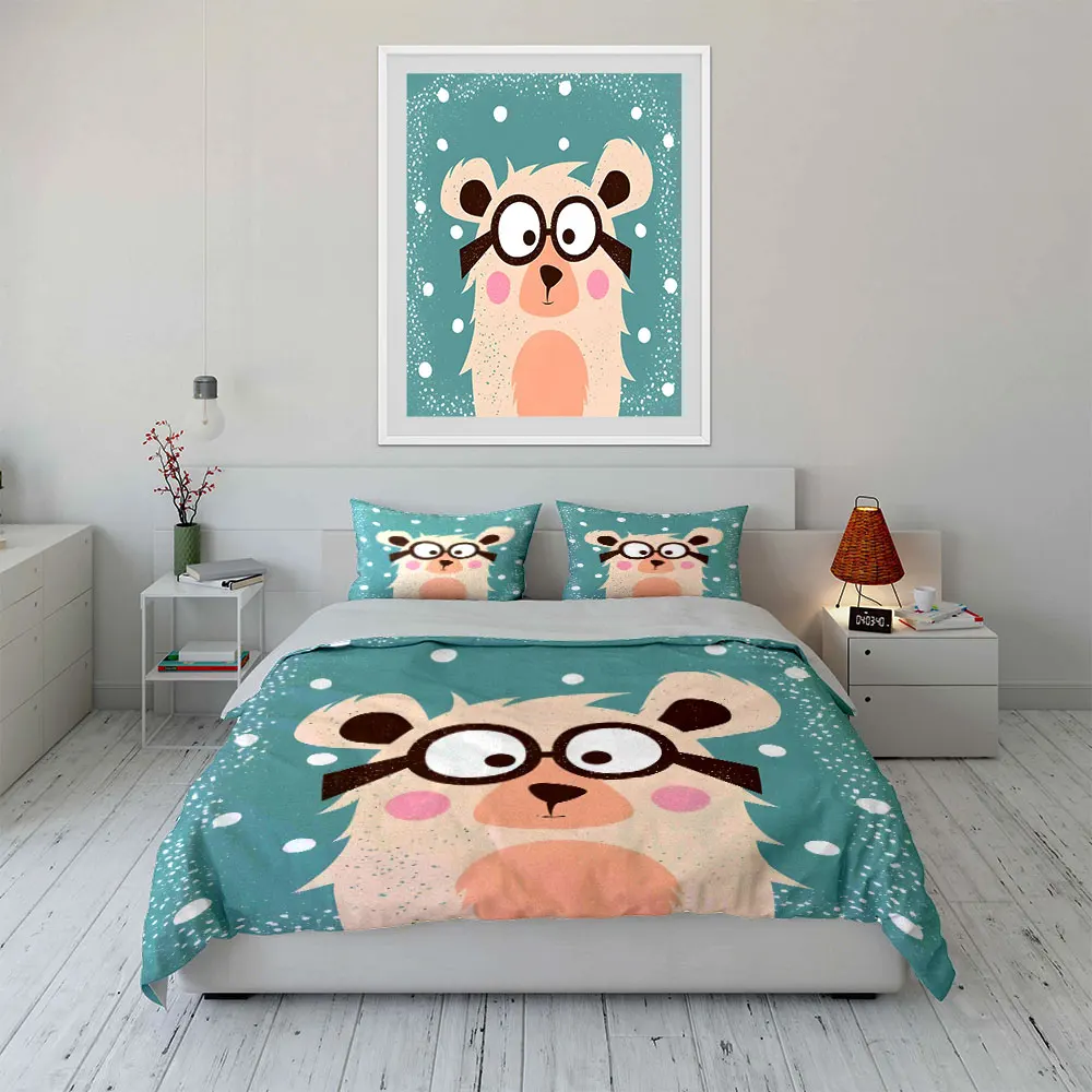 Cartoon polar bear with glasses Print Soft Comfortable Duvet Cover Bedding Set Included 1*Duvet Cover  2*Pillowcases