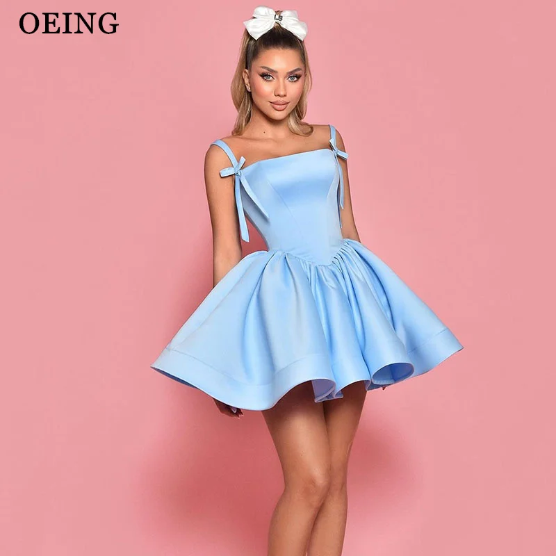 OEING Sky Blue A-Line Princess Prom Dresses Spaghetti Strap Pleats Sleeveless Satin Mini Sexy Party Gowns Bow Dress Customized