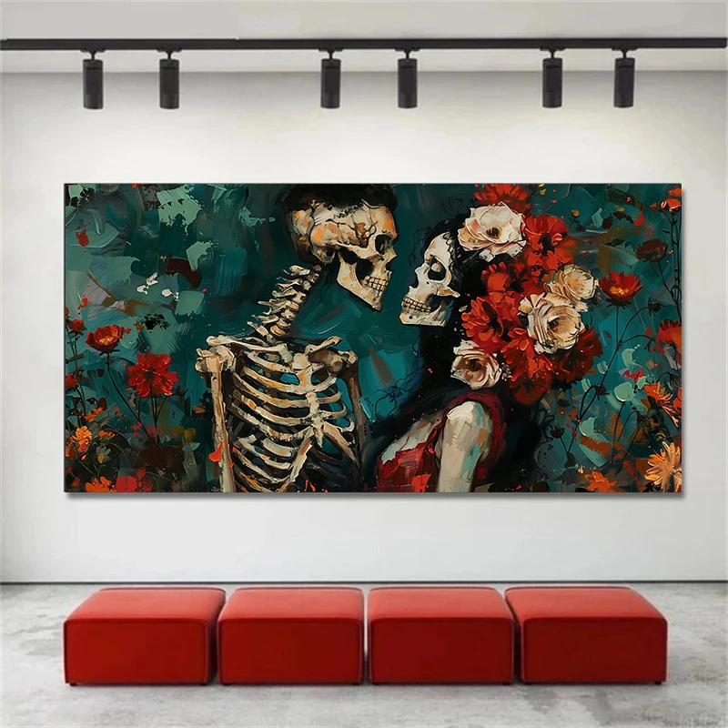 Large Frameless Canvas Wall Art,Skull Couple with Flower Posters Mexican Style Canvas Painting HD Print Abstract Wall Art Pictur