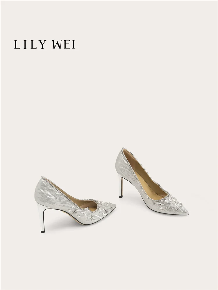 Spring new pointed rhinestone sequin wedding shoes banquet big size small size widened version slim high-heeled women's shoes