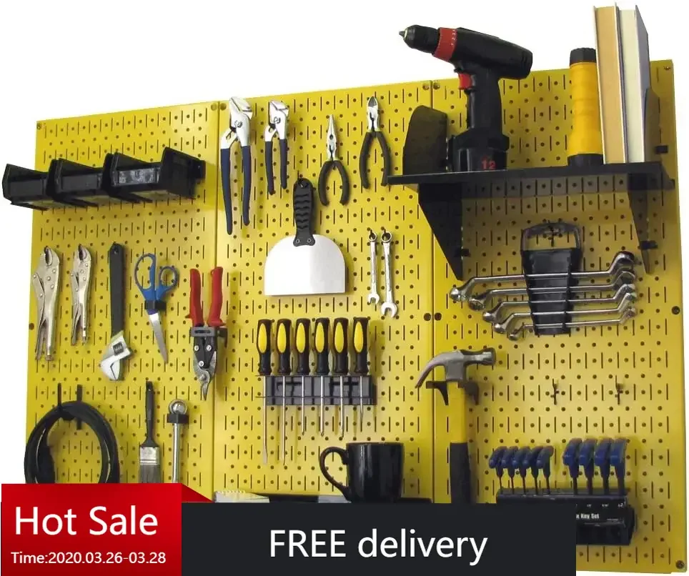 Wall Control 4 ft Metal Pegboard Standard Tool Storage Kit with Yellow Toolboard and Black Accessories