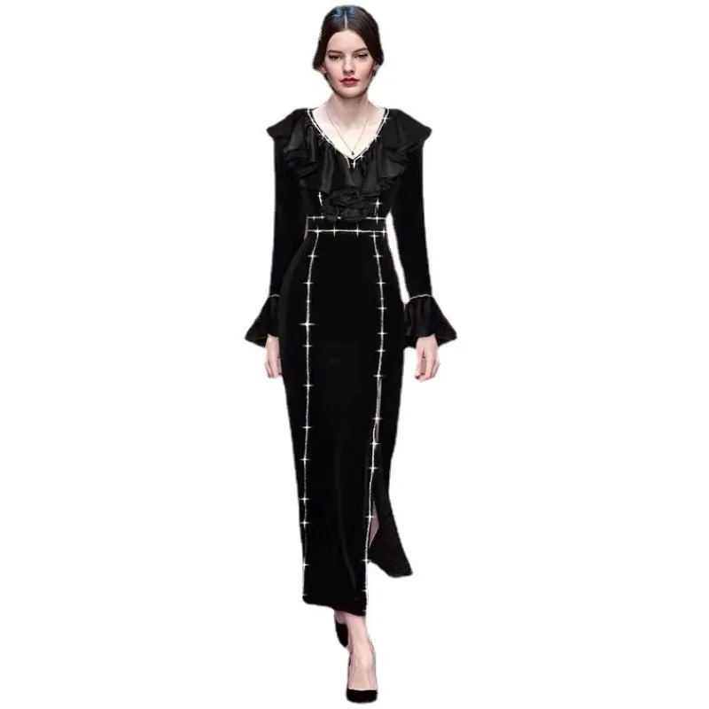 

2024 latest design V-neck ruffled long-sleeved waist slimming dress
