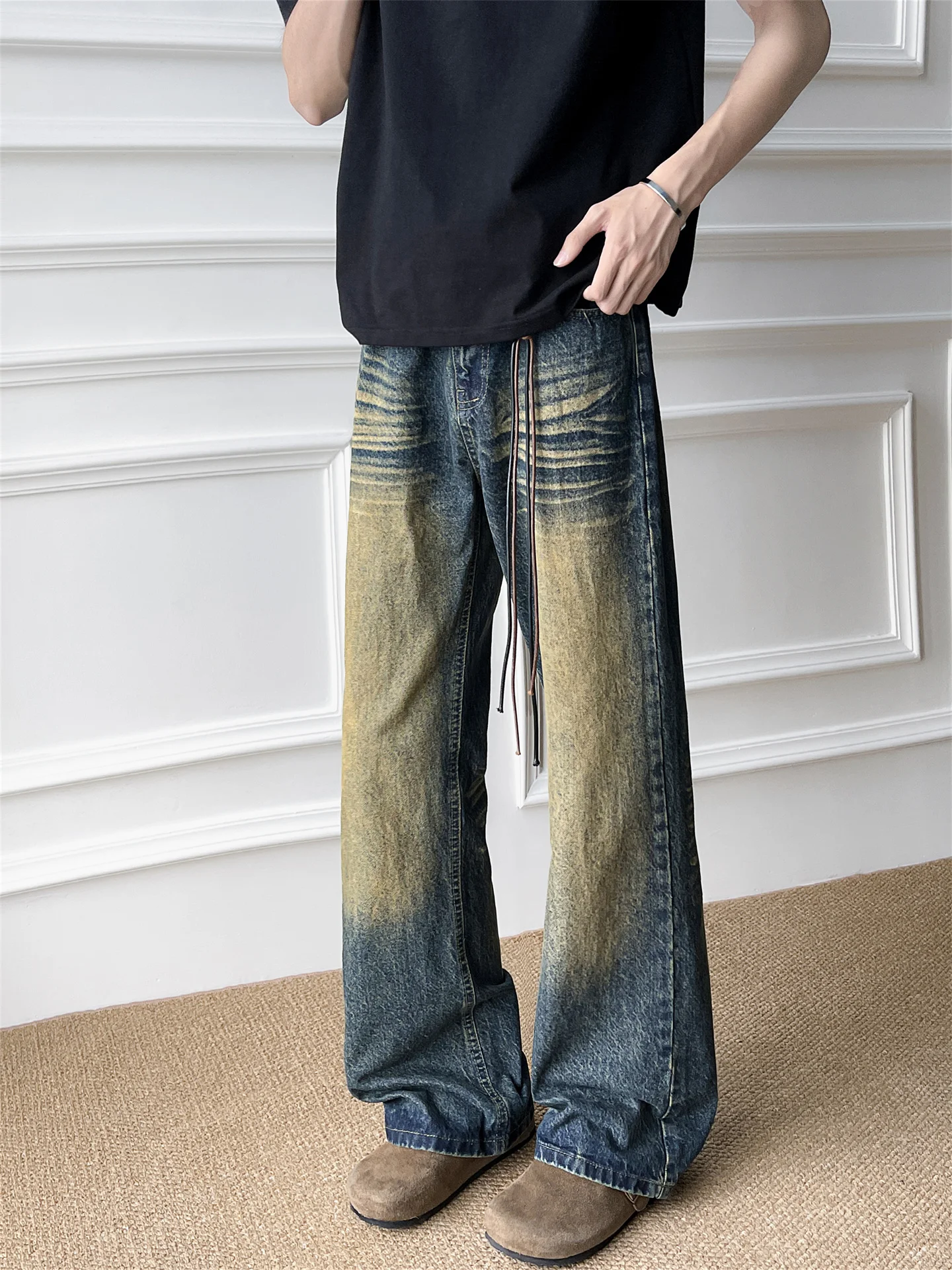 

American High Street Retro Flared Jeans Men's Street Cool Loose Trendy Straight Leg Slimming Long Pants Casual Summer Jeans