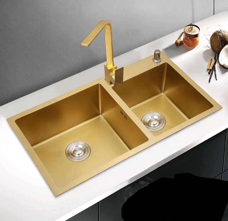 Stainless steel gold European kitchen nano handmade double sink undercounter sink sink