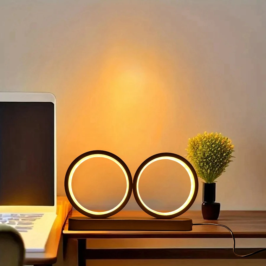 1PC Three-color Key Dimming Aluminum Double Circle Living Room Desktop Lamp