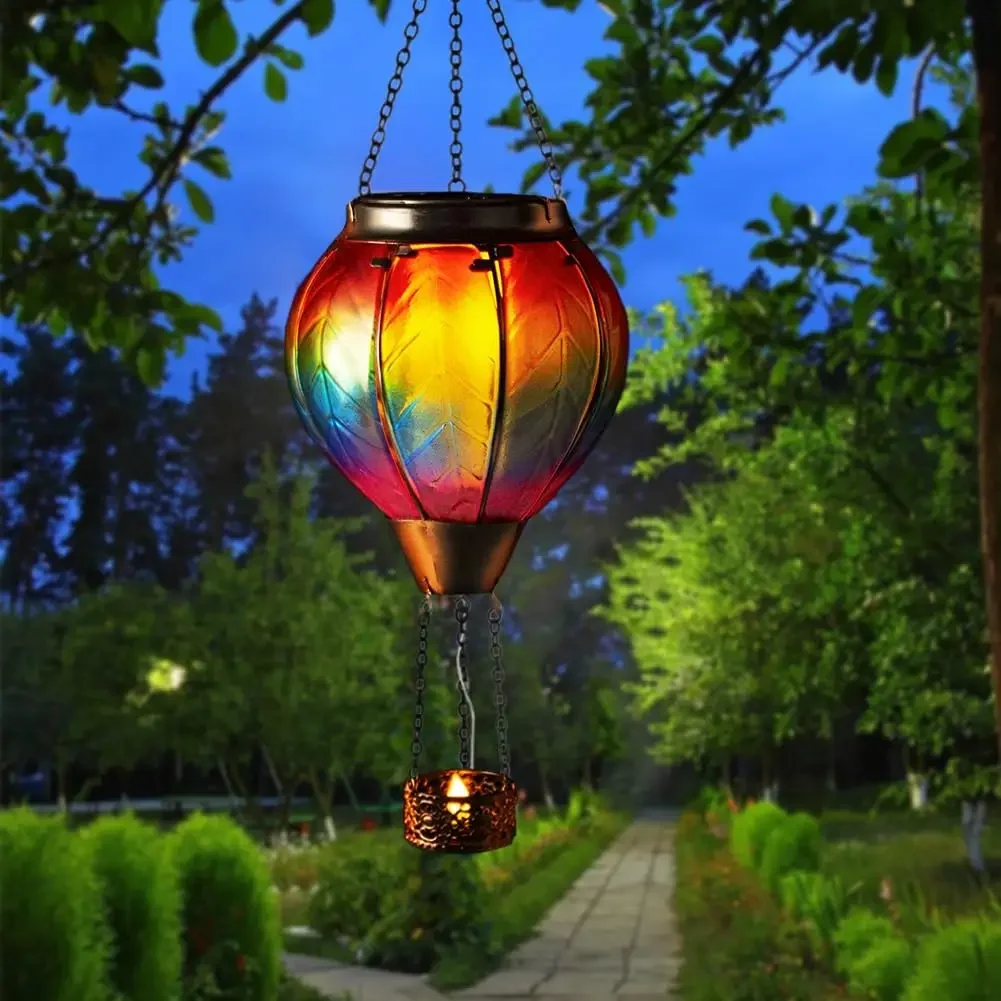 Classical Garden Outdoor Solar Lamp LED Flickering Flame Hot Air Balloon Lamp with Metal Glass Lawn Garden Decoration Outdoor