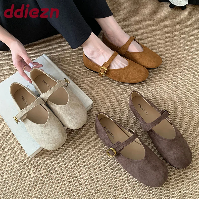 

Женская модная женская обувь Мэри Джейн из флока с круглым носком на плоской подошве, осенне-весенняя женская обувь на плоской подошве с пряжкой и ремешком, женская обувь на плоской подошве