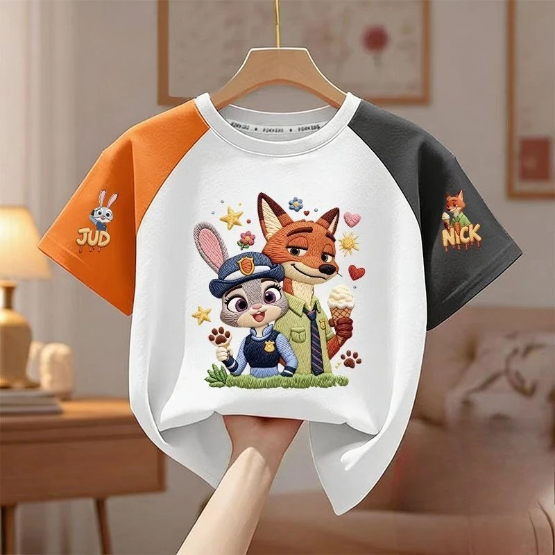 

Children's Cartoon Crazy Animal City Top Pure Cotton Spring and Autumn Baby Short-sleeved T-shirt Fashion Contrasting Clothes T