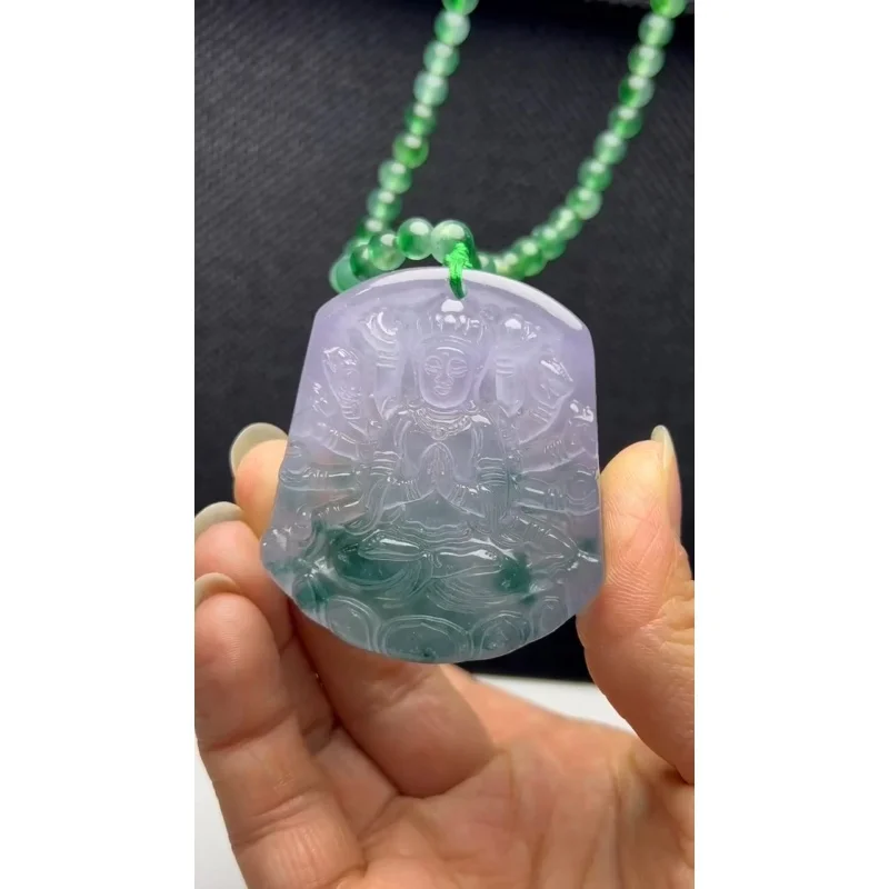 Certified Natural Ice Green jade Jadeite Carved Guanyin Pendant&Necklaces Thousand-hand kwan-yin