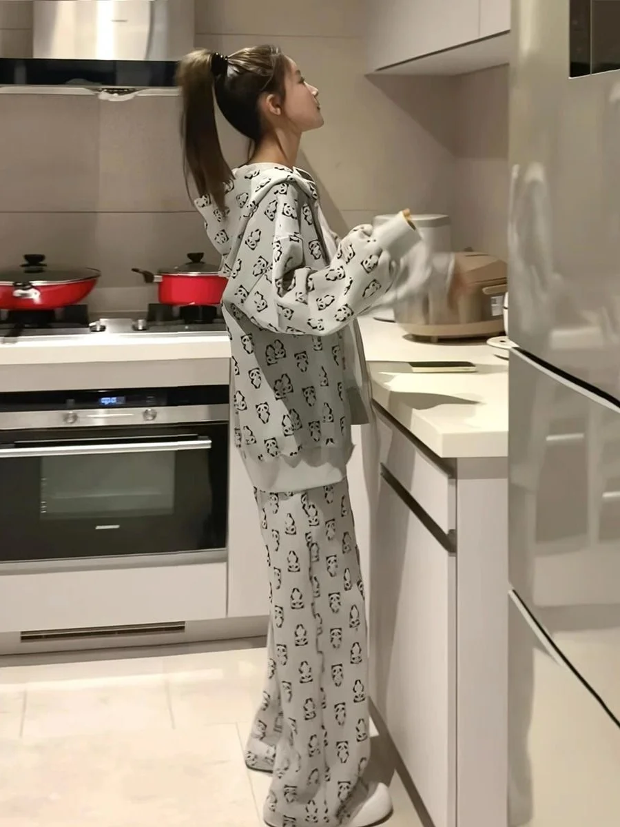 플러스 사이즈 여성 패션 후드 세트 봄 캐주얼 루즈핏 와이드 레그 팬츠 하이웨이스트 긴팔 편안하고 통기성 좋은 의류