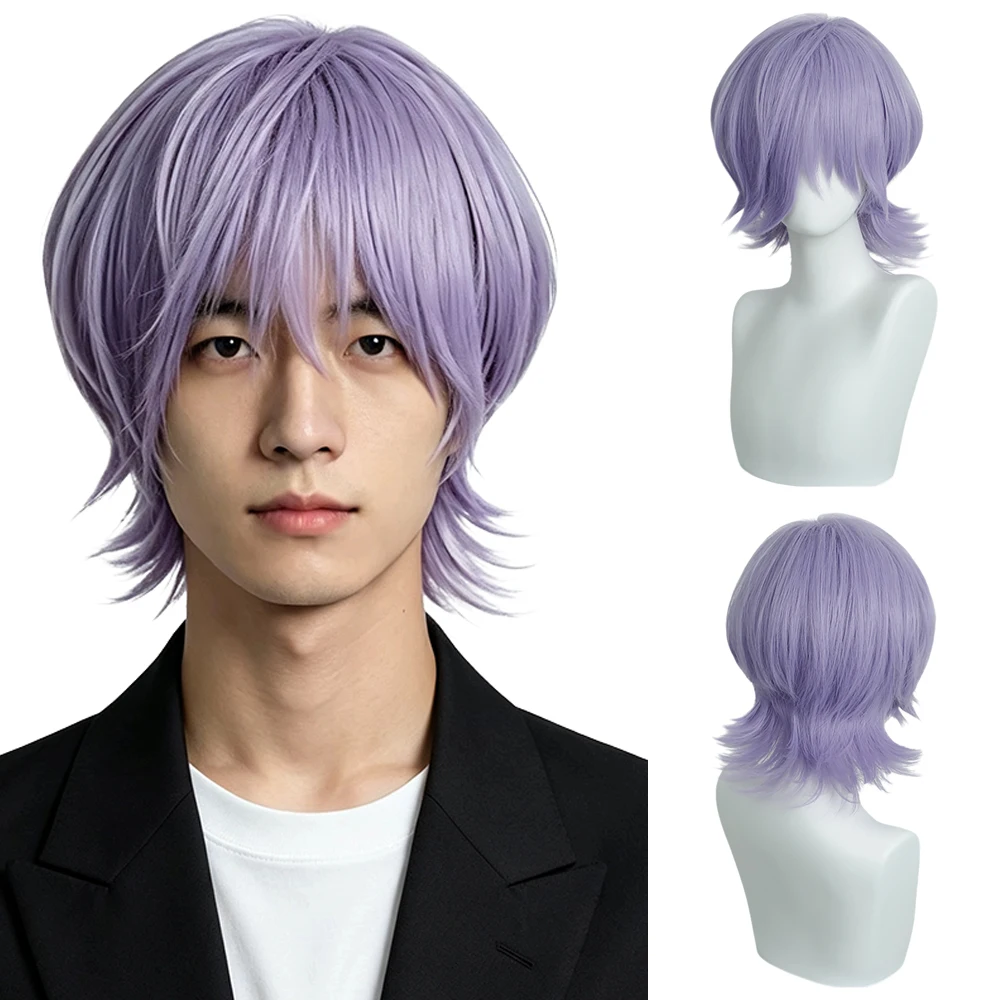 Light Purple Layered Short Wig Shaggy Wolf Cut Anime Cosplay Wig Unisex Mullet Full Wig Heat Resistant For Daily Comic Con Party