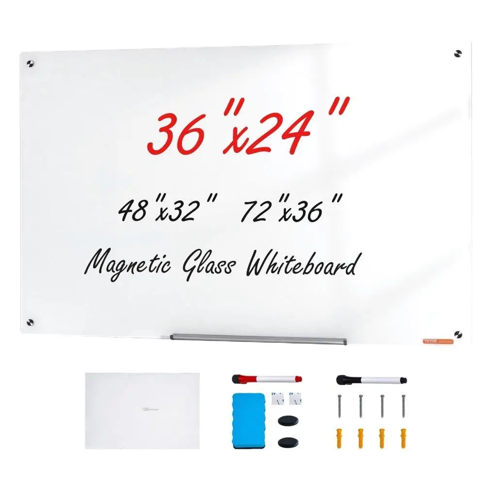 

Magnetic Glass Whiteboard 36x24 Wall Mounted Frameless with Marker Tray Eraser 2Markers White