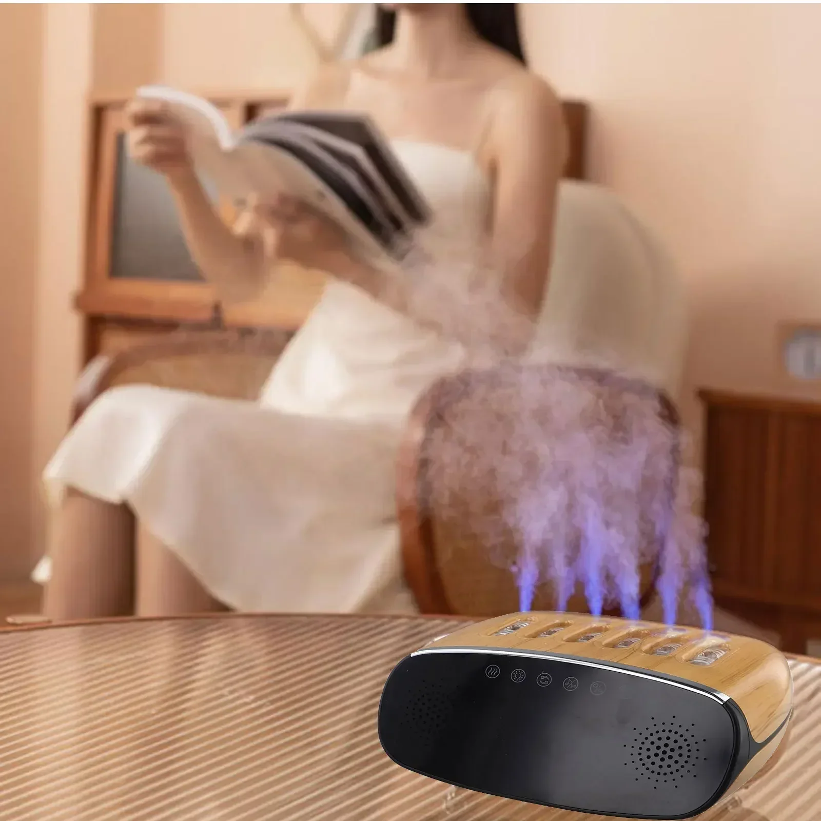 

Aesthetic Humidity Control Device Featuring Built in Speakers A User Friendly Digital Display & Colorful Lights