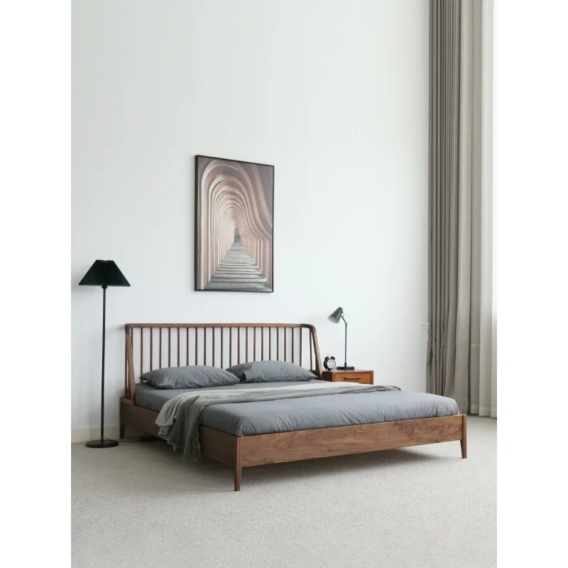 Walnut furniture double bed, log bedroom Japanese style modern simple bed