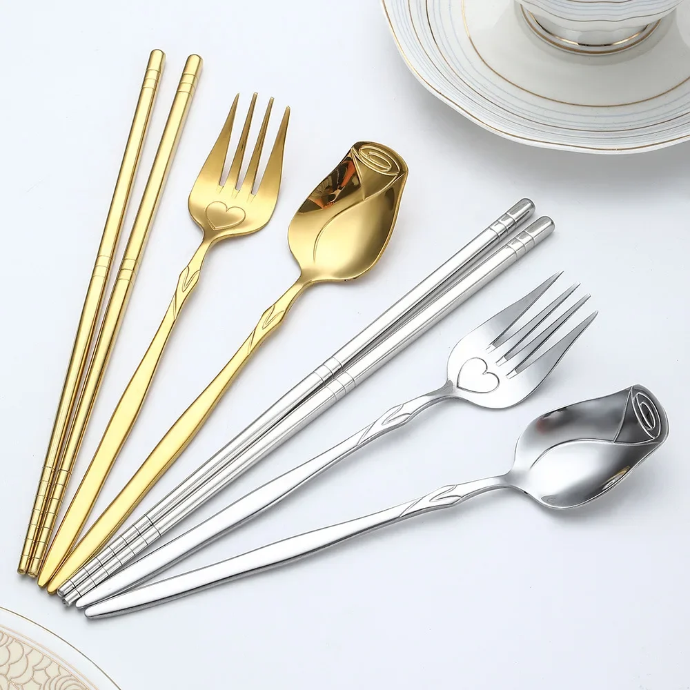 Stainless steel western tableware rose egg fork spoon chopsticks 24-piece set home hotel restaurant gift box set