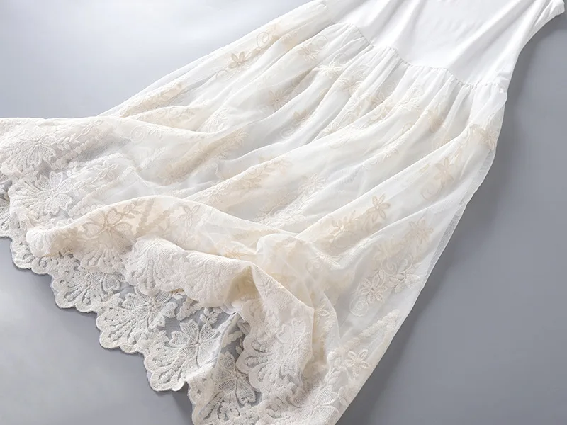 和菓子森ガールメッシュレースステッチスパゲッティストラップドレス女性の夏の O ネックノースリーブ A ラインタンクドレスサンドレス