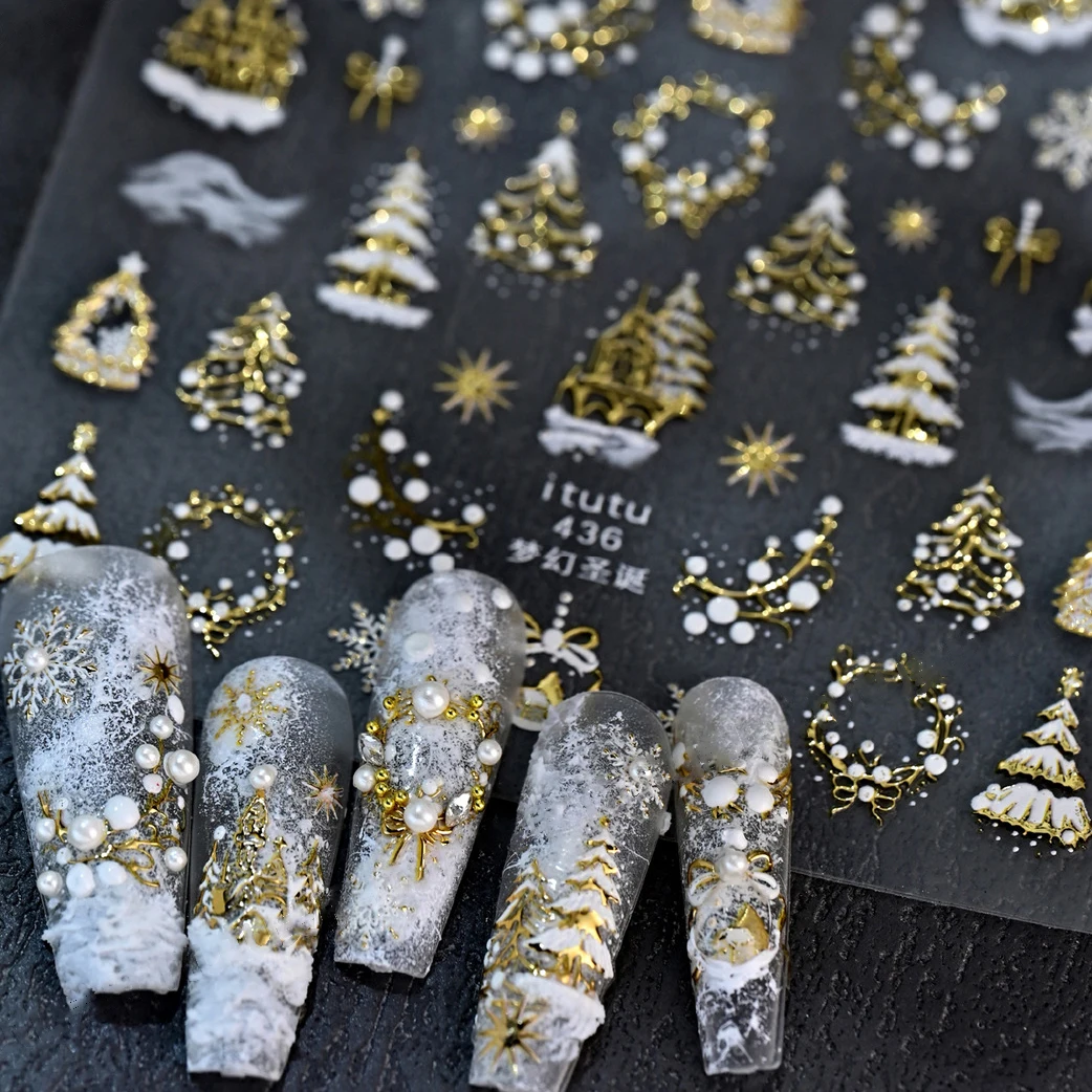 5D New Christmas nBronzing Golden/Silvery Christmas Luxury Emboss Palace& Garland&Snowflake&Tree Slider  Adhesive Xams Decal